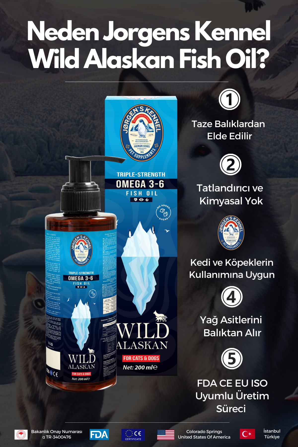 Kedi ve Köpekler için Wild Alaskan Omega 3-6 Triple Strength Balık Yağı